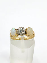 Load image into Gallery viewer, 2024: Vintage18ct Gold Diamond White Opals 3-Stone Straight Ring- a rare find
