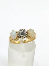 Load image into Gallery viewer, 2024: Vintage18ct Gold Diamond White Opals 3-Stone Straight Ring- a rare find
