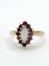 Cargar imagen en el visor de la galería, 1839: Vintage: 9ct Gold White Opal 12 Crimson Topaz Cluster Ring- From 1979
