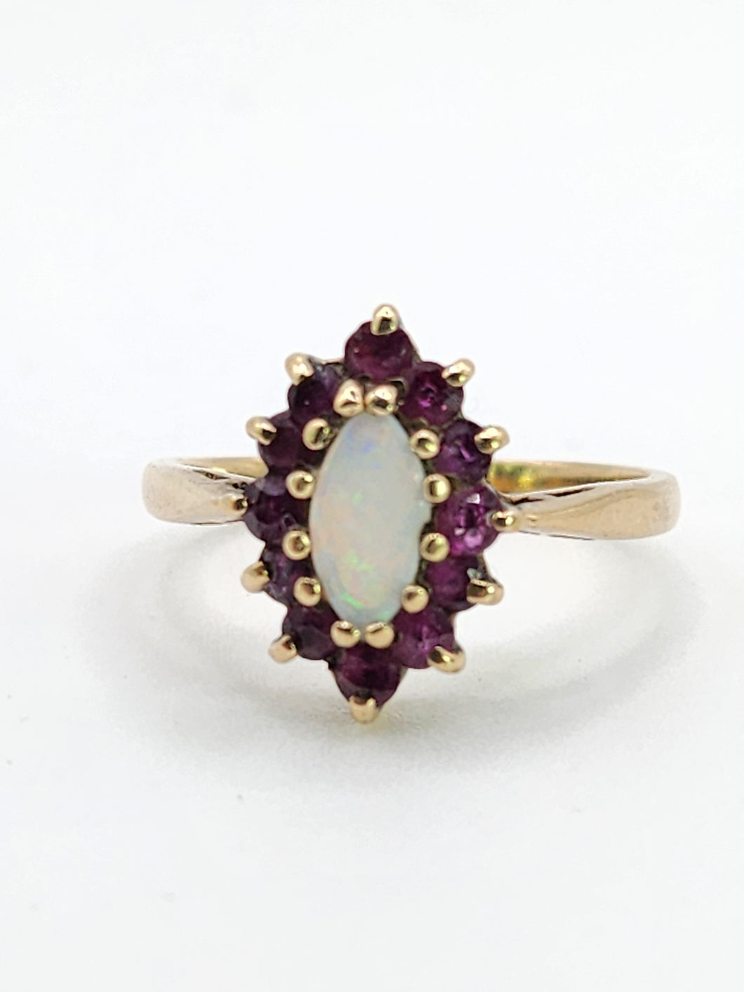 1839: Vintage: 9ct Gold White Opal 12 Crimson Topaz Cluster Ring- From 1979