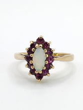 Cargar imagen en el visor de la galería, 1839: Vintage: 9ct Gold White Opal 12 Crimson Topaz Cluster Ring- From 1979
