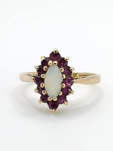 1839: Vintage: 9ct Gold White Opal 12 Crimson Topaz Cluster Ring- From 1979