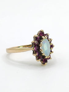 1839: Vintage: 9ct Gold White Opal 12 Crimson Topaz Cluster Ring- From 1979