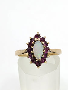 1839: Vintage: 9ct Gold White Opal 12 Crimson Topaz Cluster Ring- From 1979