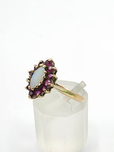 1839: Vintage: 9ct Gold White Opal 12 Crimson Topaz Cluster Ring- From 1979