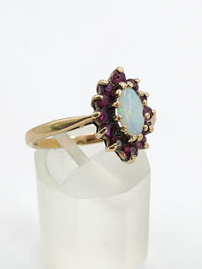 1839: Vintage: 9ct Gold White Opal 12 Crimson Topaz Cluster Ring- From 1979