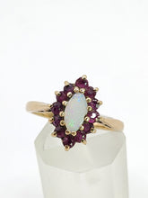 Cargar imagen en el visor de la galería, 1839: Vintage: 9ct Gold White Opal 12 Crimson Topaz Cluster Ring- From 1979
