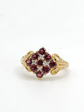 Cargar imagen en el visor de la galería, 1845: Vintage; 9ct Gold 9 Red Garnets 4 Natural Diamonds Geometric Set Dress Ring
