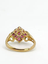 Cargar imagen en el visor de la galería, 1845: Vintage; 9ct Gold 9 Red Garnets 4 Natural Diamonds Geometric Set Dress Ring

