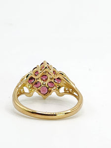 1845: Vintage; 9ct Gold 9 Red Garnets 4 Natural Diamonds Geometric Set Dress Ring