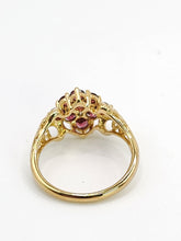 Cargar imagen en el visor de la galería, 1845: Vintage; 9ct Gold 9 Red Garnets 4 Natural Diamonds Geometric Set Dress Ring
