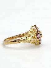 Cargar imagen en el visor de la galería, 1845: Vintage; 9ct Gold 9 Red Garnets 4 Natural Diamonds Geometric Set Dress Ring
