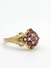 Cargar imagen en el visor de la galería, 1845: Vintage; 9ct Gold 9 Red Garnets 4 Natural Diamonds Geometric Set Dress Ring
