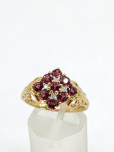 Cargar imagen en el visor de la galería, 1845: Vintage; 9ct Gold 9 Red Garnets 4 Natural Diamonds Geometric Set Dress Ring

