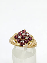 Cargar imagen en el visor de la galería, 1845: Vintage; 9ct Gold 9 Red Garnets 4 Natural Diamonds Geometric Set Dress Ring
