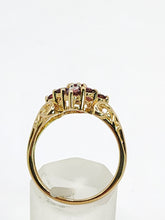 Cargar imagen en el visor de la galería, 1845: Vintage; 9ct Gold 9 Red Garnets 4 Natural Diamonds Geometric Set Dress Ring
