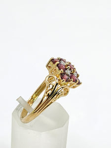 1845: Vintage; 9ct Gold 9 Red Garnets 4 Natural Diamonds Geometric Set Dress Ring