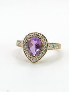 1849: Vintage: 9ct Gold Pear-Cut Lilac Amethyst Diamonds Dress Ring-Lovely combination