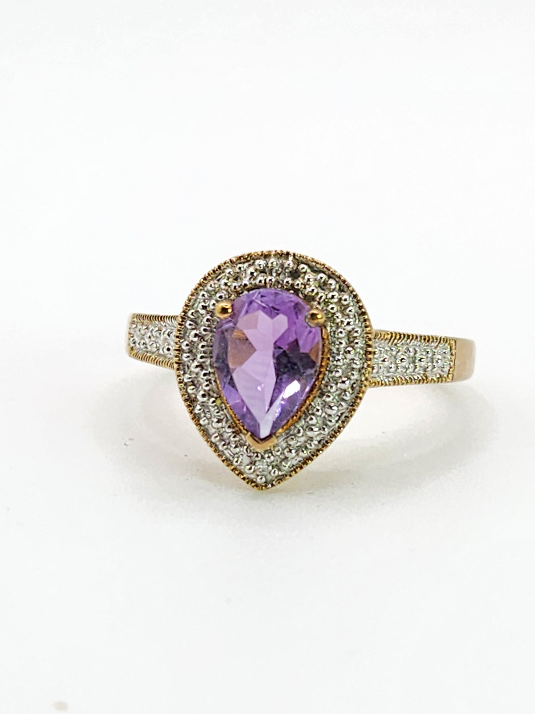 1849: Vintage: 9ct Gold Pear-Cut Lilac Amethyst Diamonds Dress Ring-Lovely combination