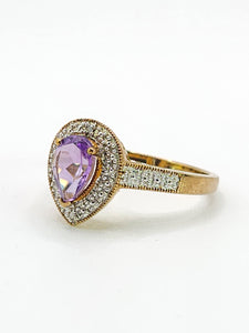 1849: Vintage: 9ct Gold Pear-Cut Lilac Amethyst Diamonds Dress Ring-Lovely combination