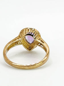 1849: Vintage: 9ct Gold Pear-Cut Lilac Amethyst Diamonds Dress Ring-Lovely combination