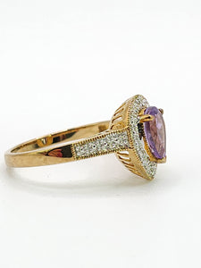 1849: Vintage: 9ct Gold Pear-Cut Lilac Amethyst Diamonds Dress Ring-Lovely combination