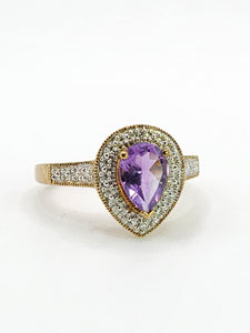 1849: Vintage: 9ct Gold Pear-Cut Lilac Amethyst Diamonds Dress Ring-Lovely combination
