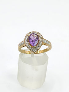 1849: Vintage: 9ct Gold Pear-Cut Lilac Amethyst Diamonds Dress Ring-Lovely combination