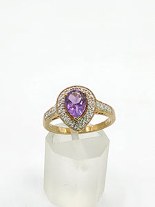 1849: Vintage: 9ct Gold Pear-Cut Lilac Amethyst Diamonds Dress Ring-Lovely combination