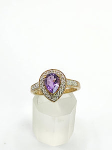 1849: Vintage: 9ct Gold Pear-Cut Lilac Amethyst Diamonds Dress Ring-Lovely combination