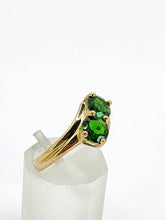 Load image into Gallery viewer, 1899: Vintage: 9ct Gold Green Diopsides Crossover Promise Ring- enchanting
