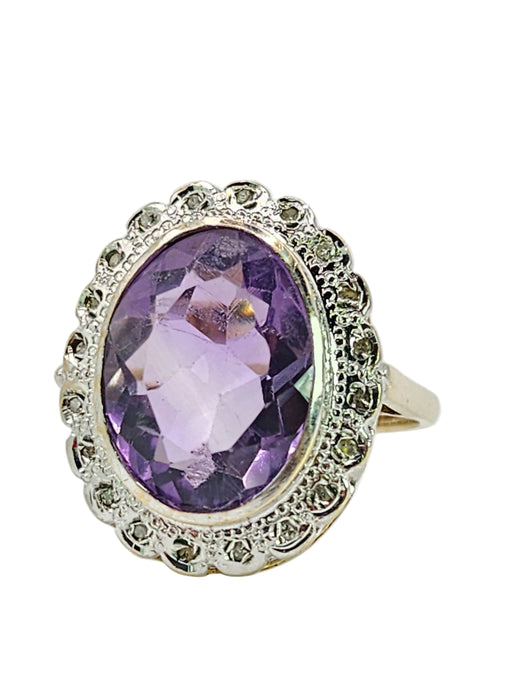 6605 - Vintage; 9ct Gold large Lilac Amethyst 20 Diamonds Diana Style Cluster Ring