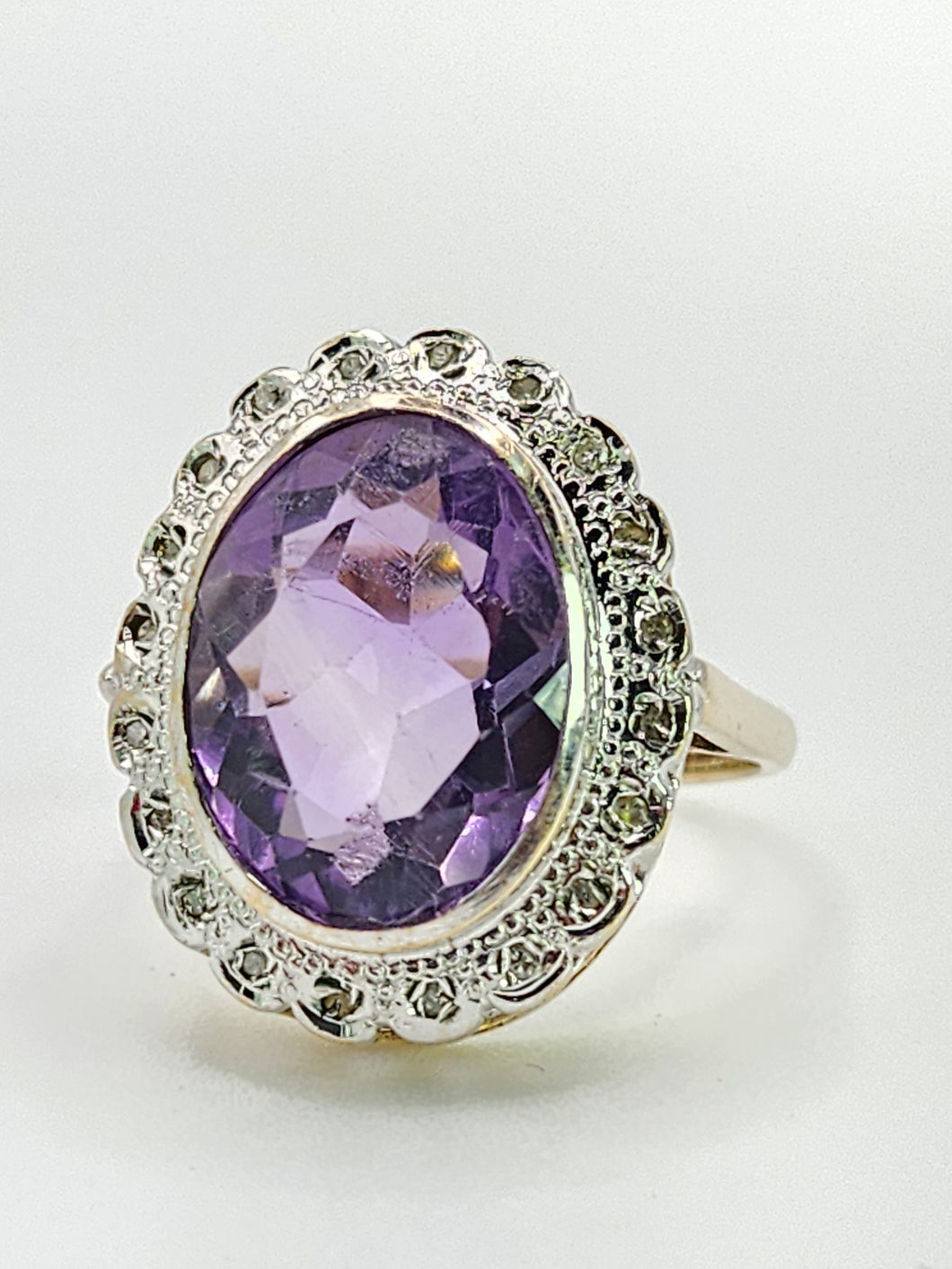1912- Vintage; 9ct Gold large Lilac Amethyst 20 Diamonds Diana Style Cluster Ring