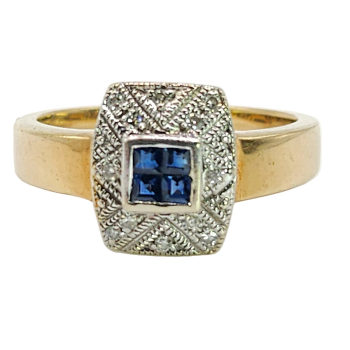 Vintage: 9ct Yellow Gold Art Deco Style Sapphire & Diamond Statement Ring