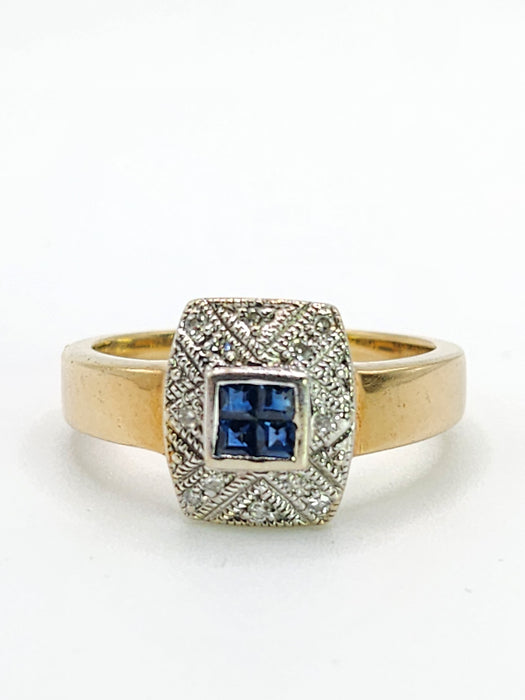 Vintage: 9ct Yellow Gold Art Deco Style Sapphire & Diamond Statement Ring