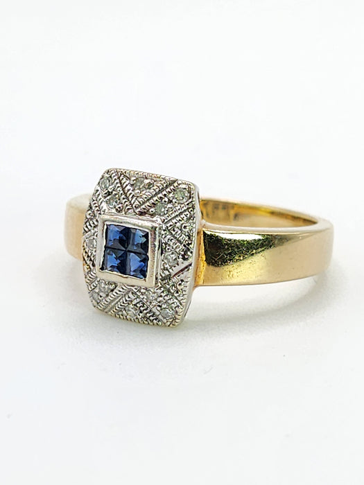 Vintage: 9ct Yellow Gold Art Deco Style Sapphire & Diamond Statement Ring