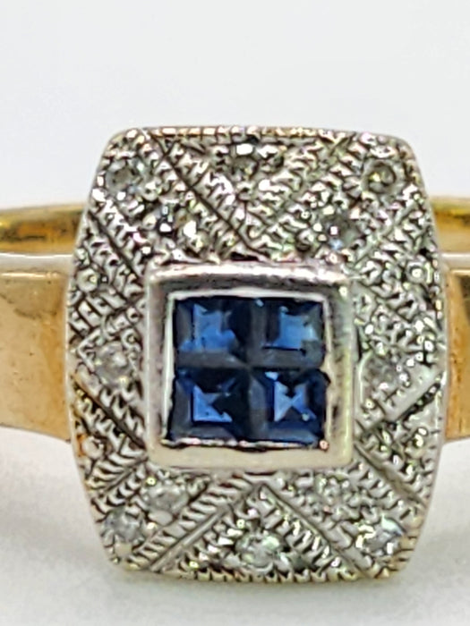 Vintage: 9ct Yellow Gold Art Deco Style Sapphire & Diamond Statement Ring
