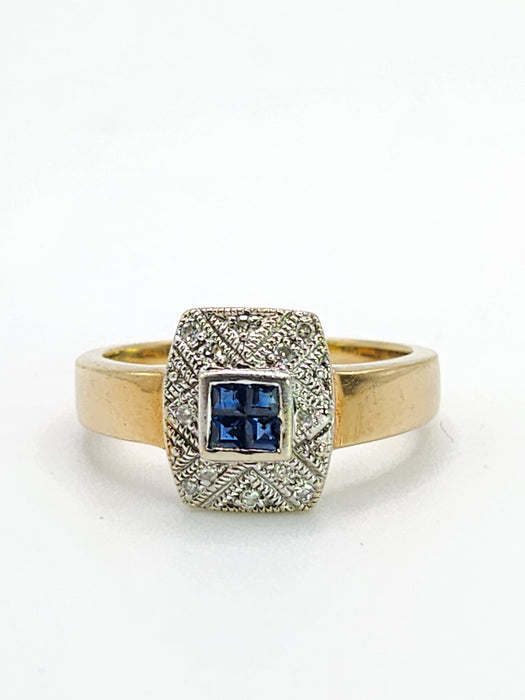 Vintage: 9ct Yellow Gold Art Deco Style Sapphire & Diamond Statement Ring
