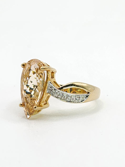 Vintage: 9ct Yellow Gold Pink Morganite & Diamond Cocktail Ring