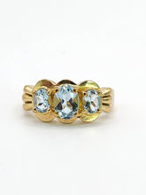 Cargar imagen en el visor de la galería, 1980: Vintage; 9ct Gold Blue Aquamarines Trilogy Ring- beautifully balanced blue
