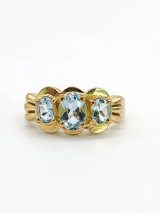 1980: Vintage; 9ct Gold Blue Aquamarines Trilogy Ring- beautifully balanced blue