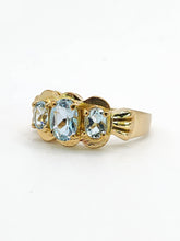 Cargar imagen en el visor de la galería, 1980: Vintage; 9ct Gold Blue Aquamarines Trilogy Ring- beautifully balanced blue
