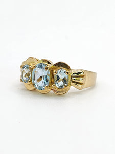1980: Vintage; 9ct Gold Blue Aquamarines Trilogy Ring- beautifully balanced blue