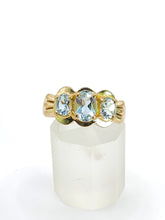 Cargar imagen en el visor de la galería, 1980: Vintage; 9ct Gold Blue Aquamarines Trilogy Ring- beautifully balanced blue
