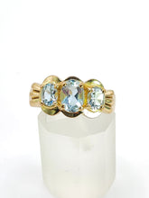 Cargar imagen en el visor de la galería, 1980: Vintage; 9ct Gold Blue Aquamarines Trilogy Ring- beautifully balanced blue
