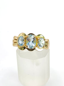 1980: Vintage; 9ct Gold Blue Aquamarines Trilogy Ring- beautifully balanced blue