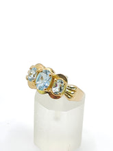 Cargar imagen en el visor de la galería, 1980: Vintage; 9ct Gold Blue Aquamarines Trilogy Ring- beautifully balanced blue
