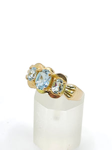 1980: Vintage; 9ct Gold Blue Aquamarines Trilogy Ring- beautifully balanced blue