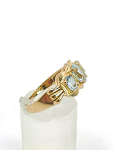 Cargar imagen en el visor de la galería, 1980: Vintage; 9ct Gold Blue Aquamarines Trilogy Ring- beautifully balanced blue
