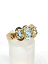 Cargar imagen en el visor de la galería, 1980: Vintage; 9ct Gold Blue Aquamarines Trilogy Ring- beautifully balanced blue
